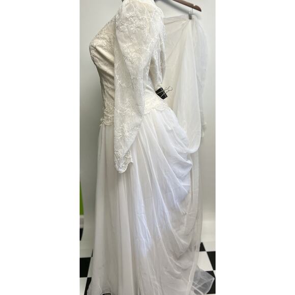 Vintage 90s Wedding Gown Dress Lace Chiffon Beaded Sequin Elegant V- Neck Sz 18 - Picture 7 of 16